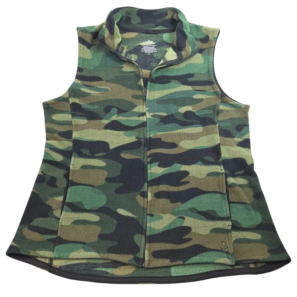 Cuddl Duds Fleece Vest Womens XL Green Camo Full Zip Stretch Layering Soft Cozy